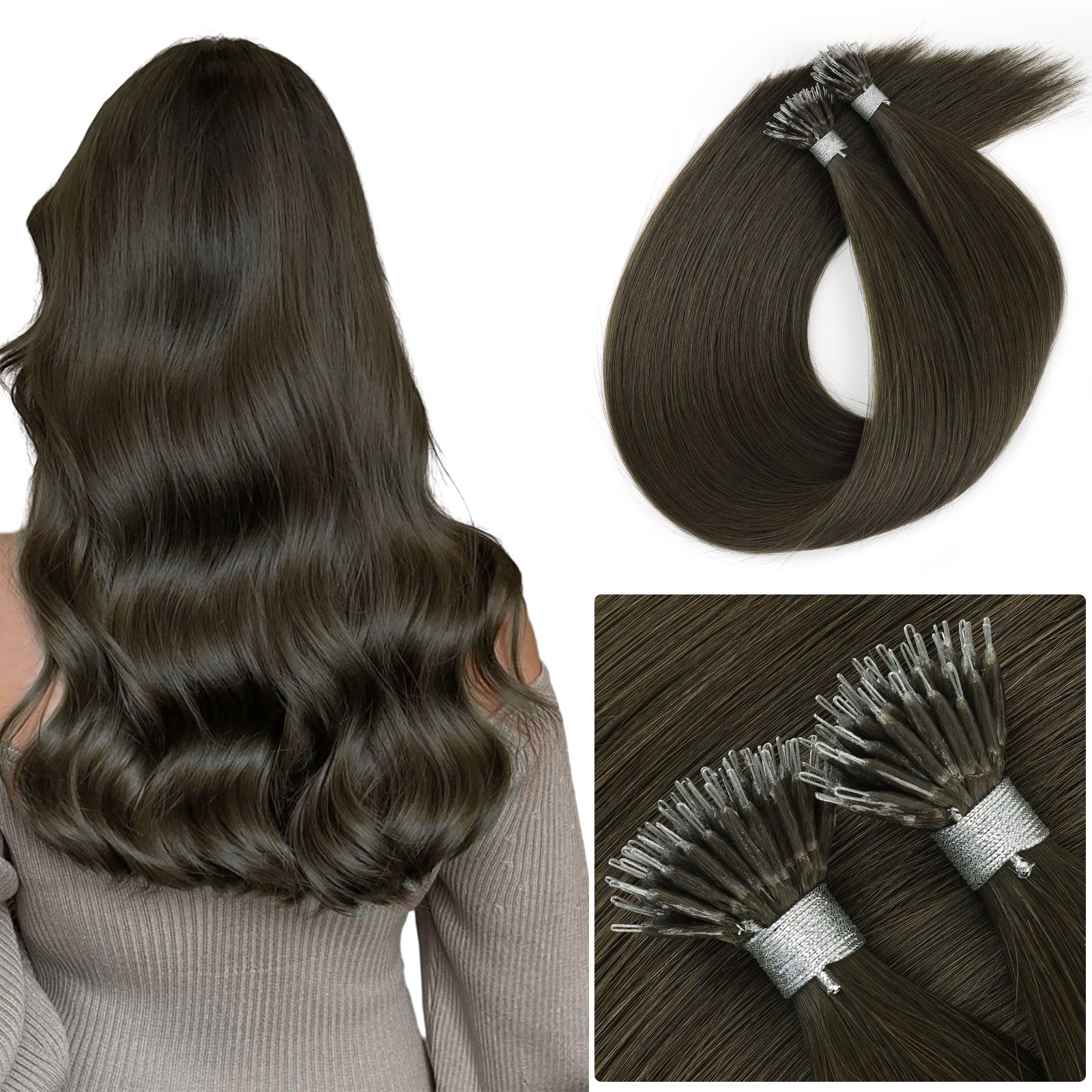 Virgin Nano Ring Hair Extensions 2A# Dark Chocolate Brown