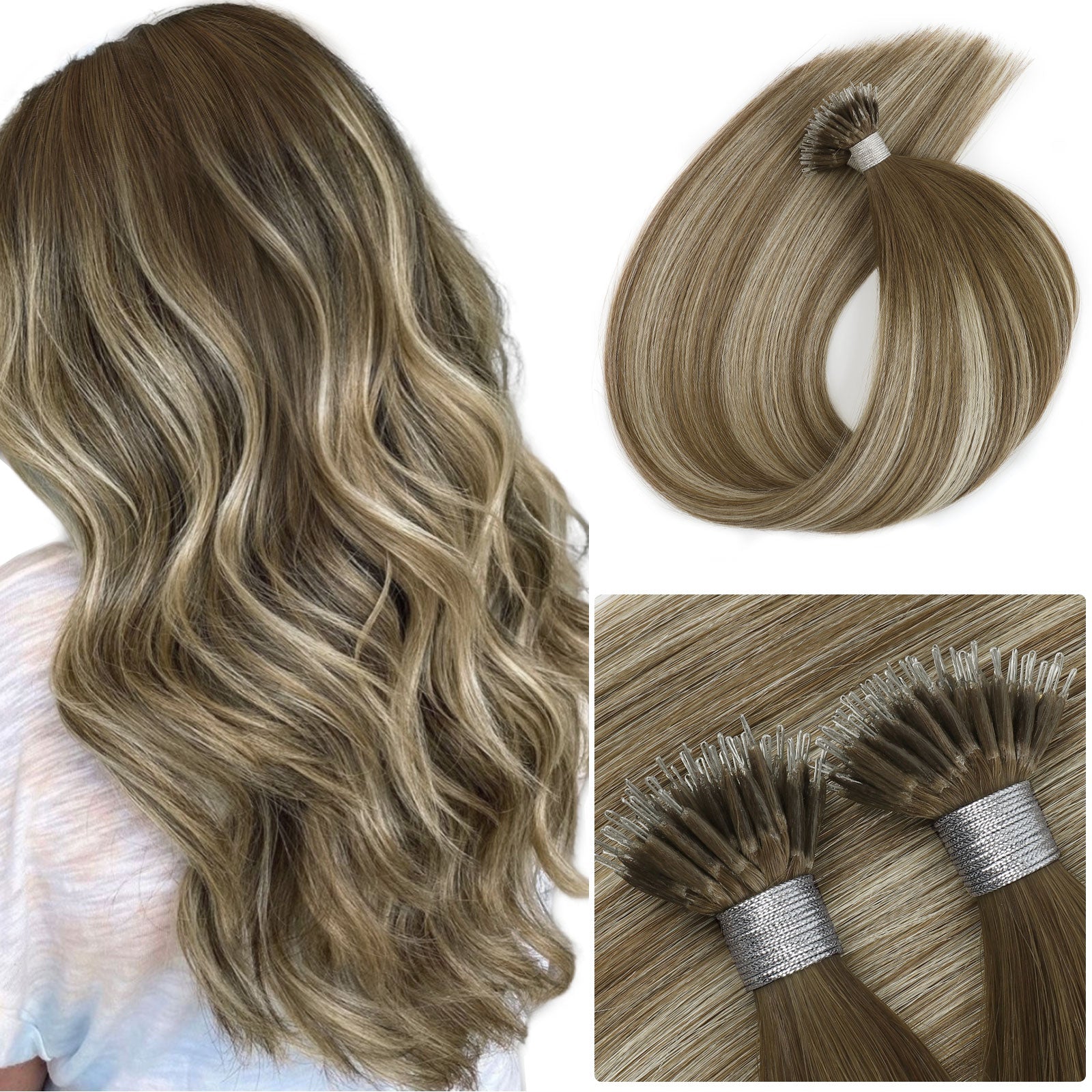 Virgin Nano Ring Hair Extensions Rooted Highlight R3-P3/60#