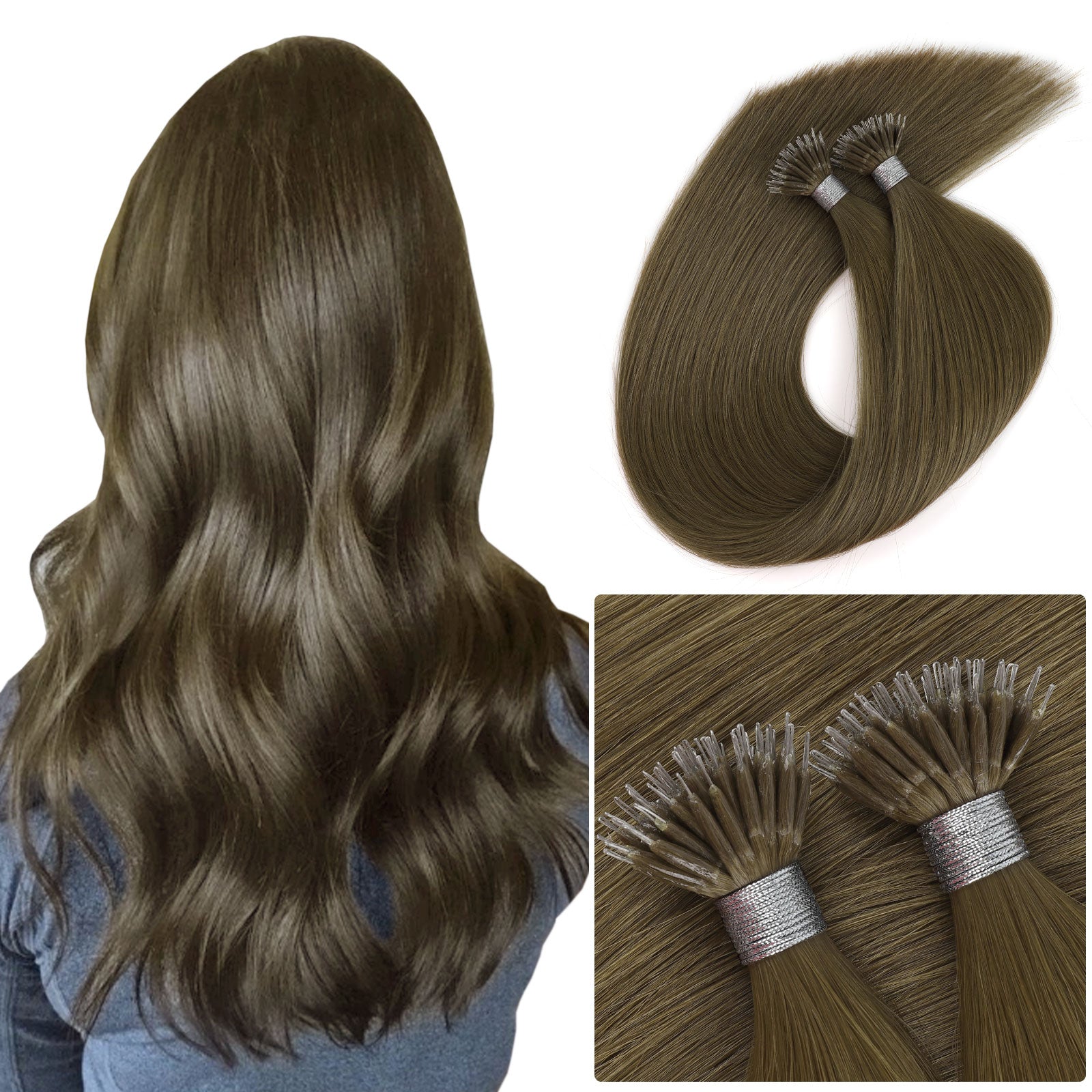 Virgin Nano Ring Hair Extensions 3# Medium Ash Brown