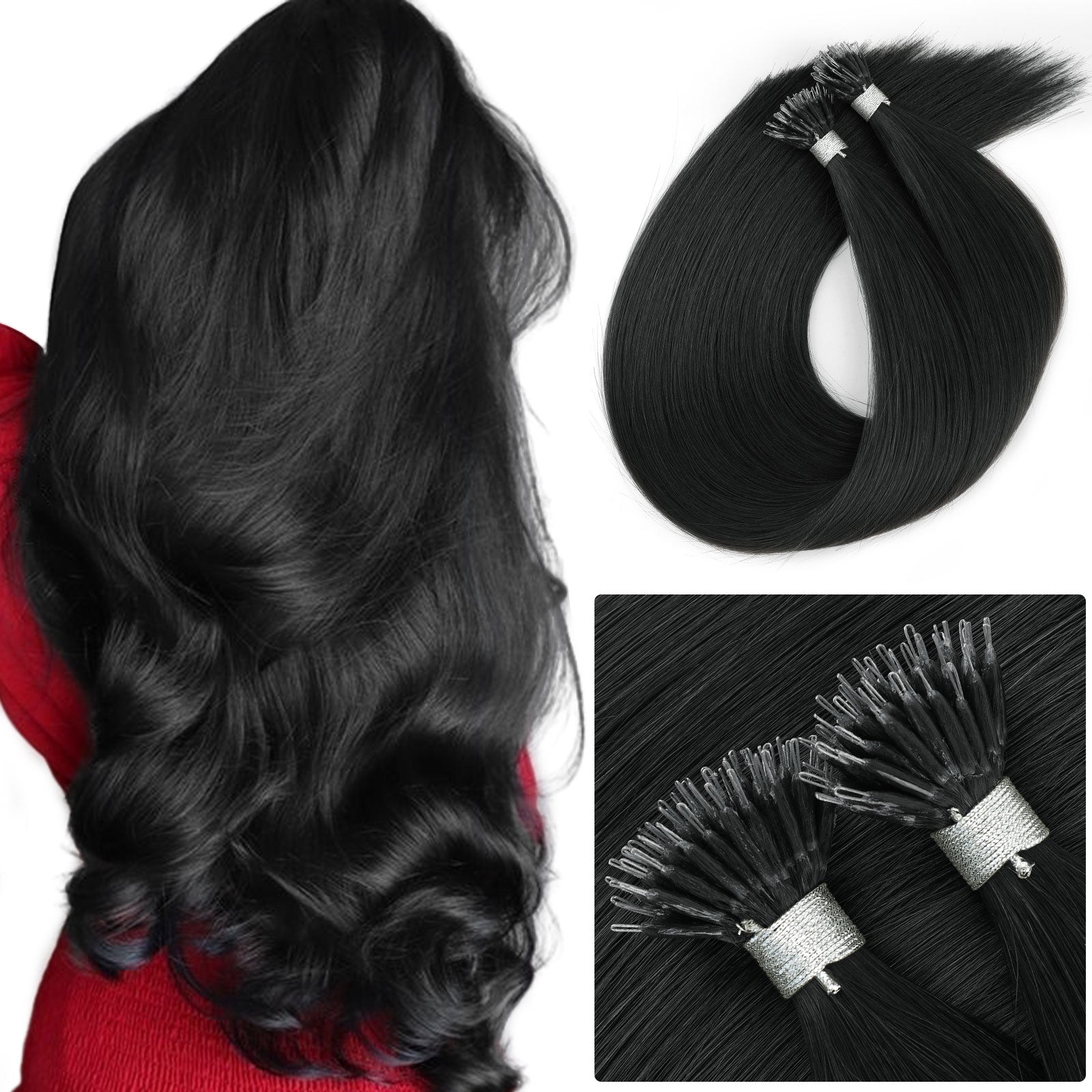 Virgin Nano Ring Hair Extensions 1# Jet Black