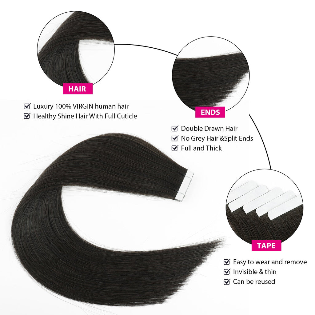 Virgin Tape in Hair Extensions 1B# Off Black