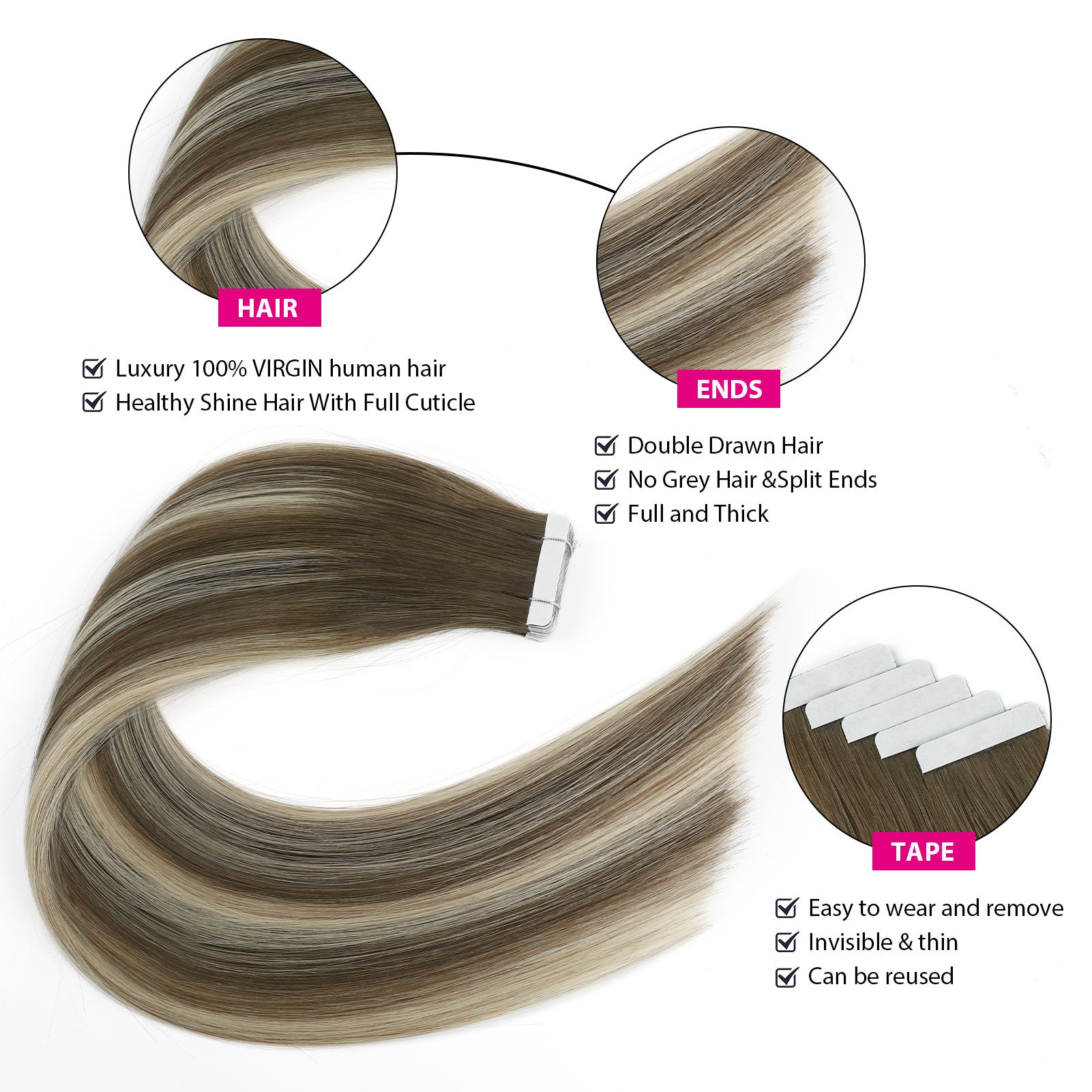 Virgin Tape in Hair Extensions Rooted Highlights R3-P3/60#