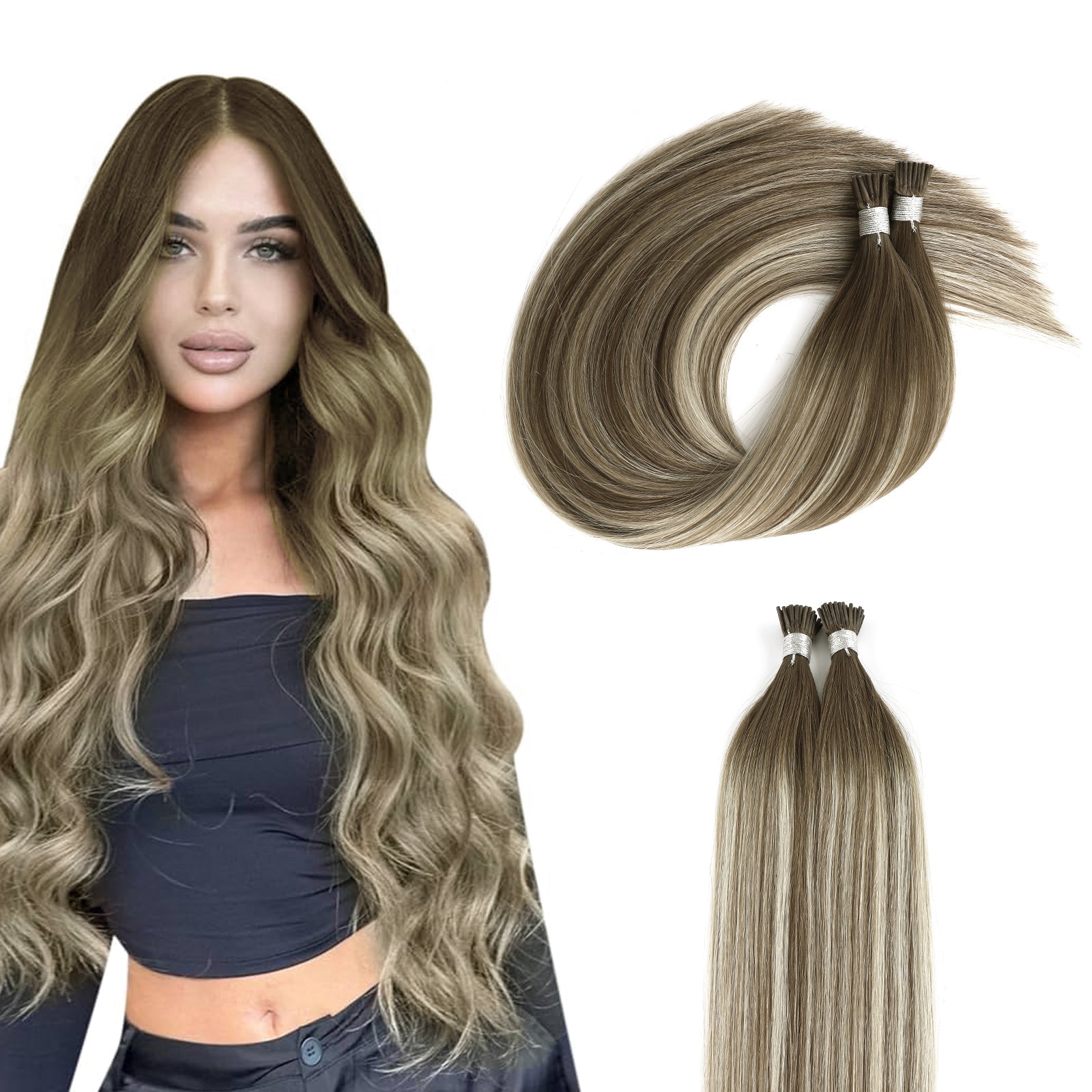 I Tip Hair Extensions Virgin Hair Rooted Highlights R3-P3/60#